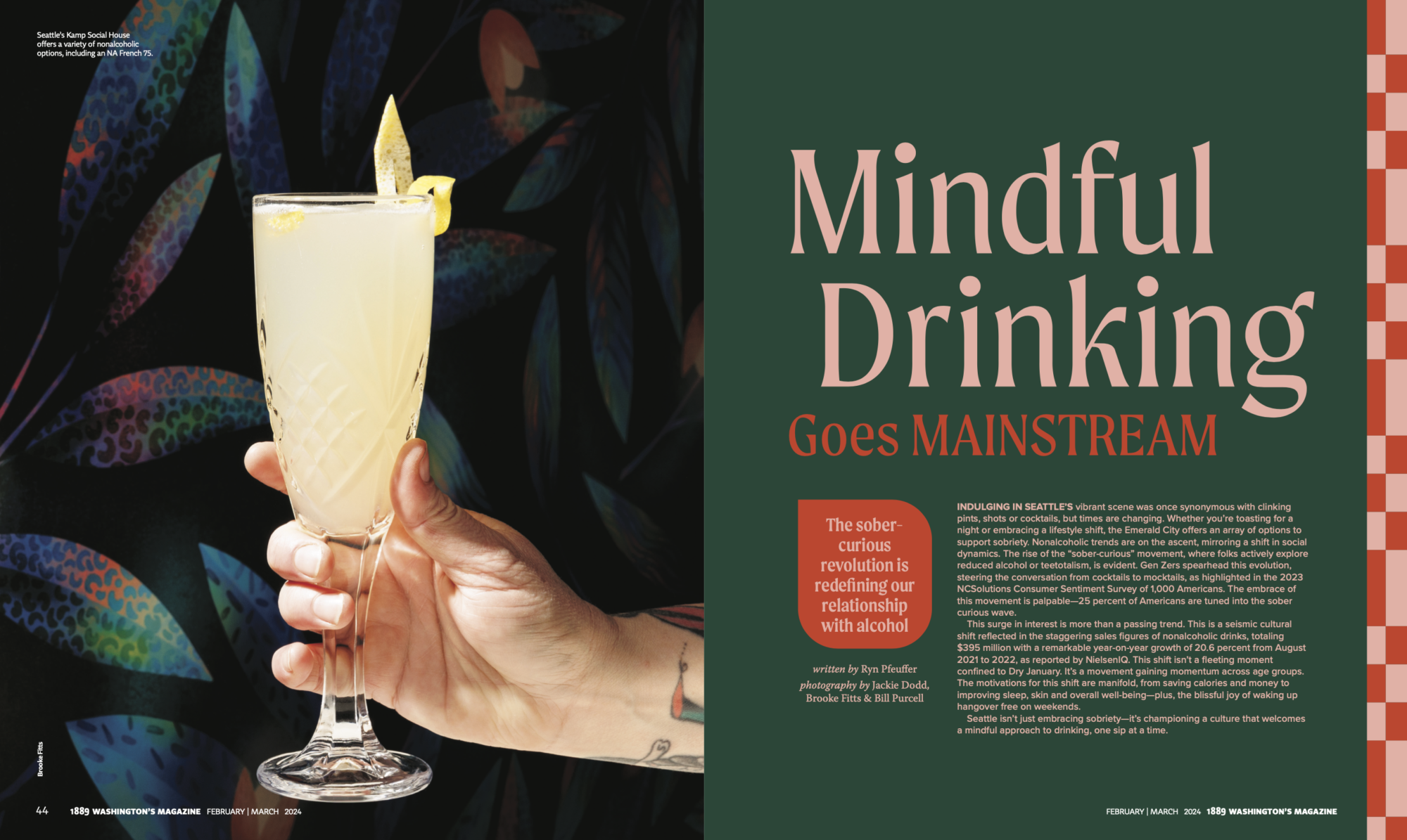 Seattle's best commercial food and hospitality photographer A hand with tattoos holds a pale yellow cocktail garnished with a lemon twist, set against a dark, leafy background. Large text reads Mindful Drinking Goes MAINSTREAM—an article by Seattles best commercial food lifestyle photographer on sober-curious trends. captured by seattle's best food and lifestyle photographer Brooke Fitts